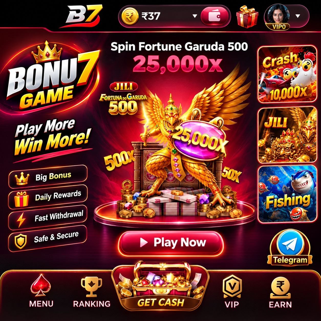 BONU7 Game mobile app interface with online casino, slots, sports betting, and bonus rewards.